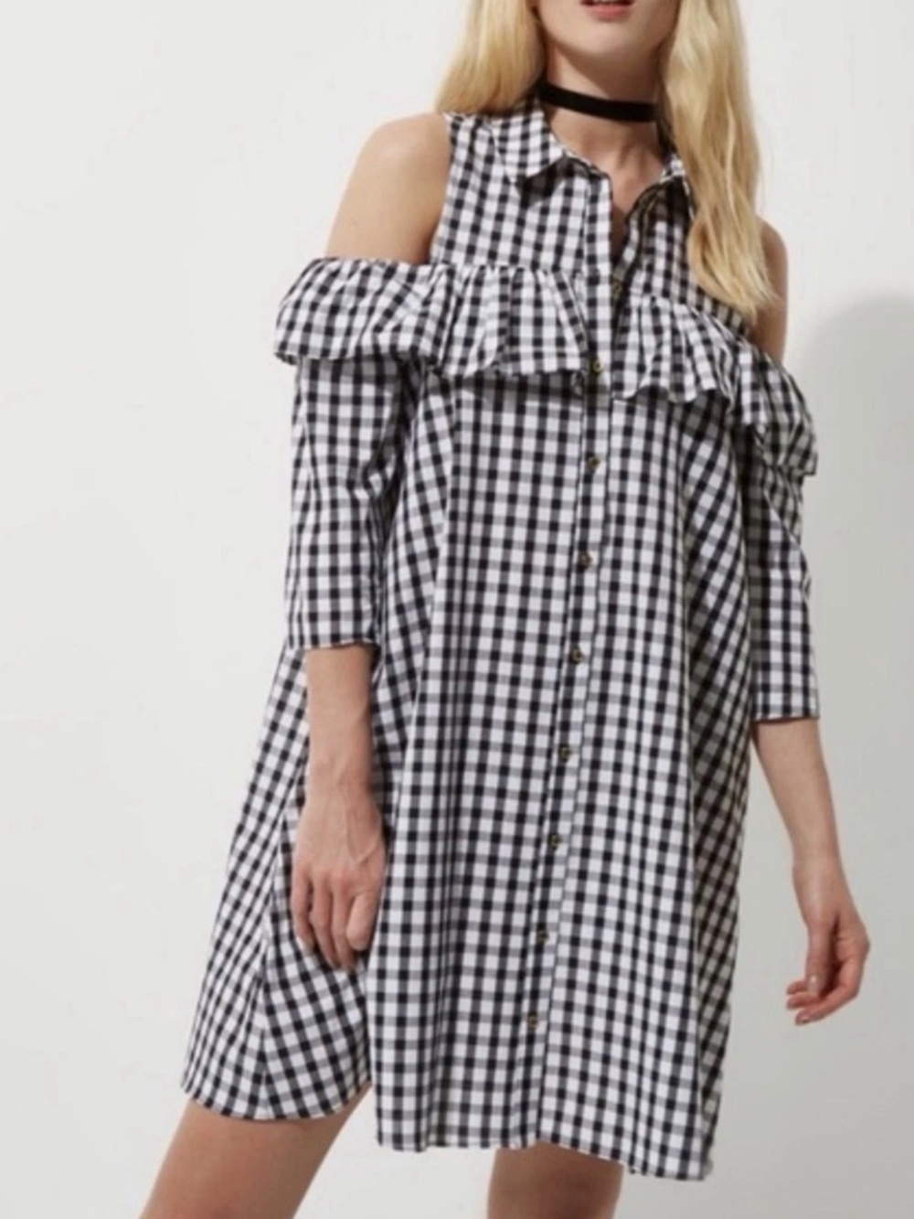 bp Cold-Shoulder Gingham Midi Dress - Black & White
